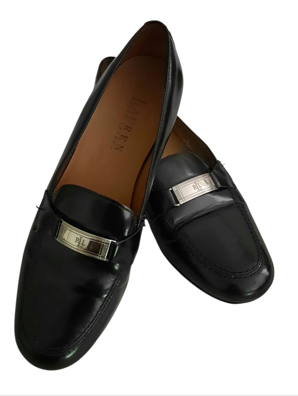LAUREN RALPH LUAREN Black Leather Classic Loafers w/Silver Logo Plaque Sz 7